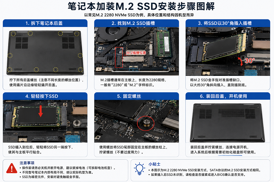 笔记本加装M.2 SSD固态硬盘安装步骤图,包括拆后盖、插入SSD和固定螺丝过程