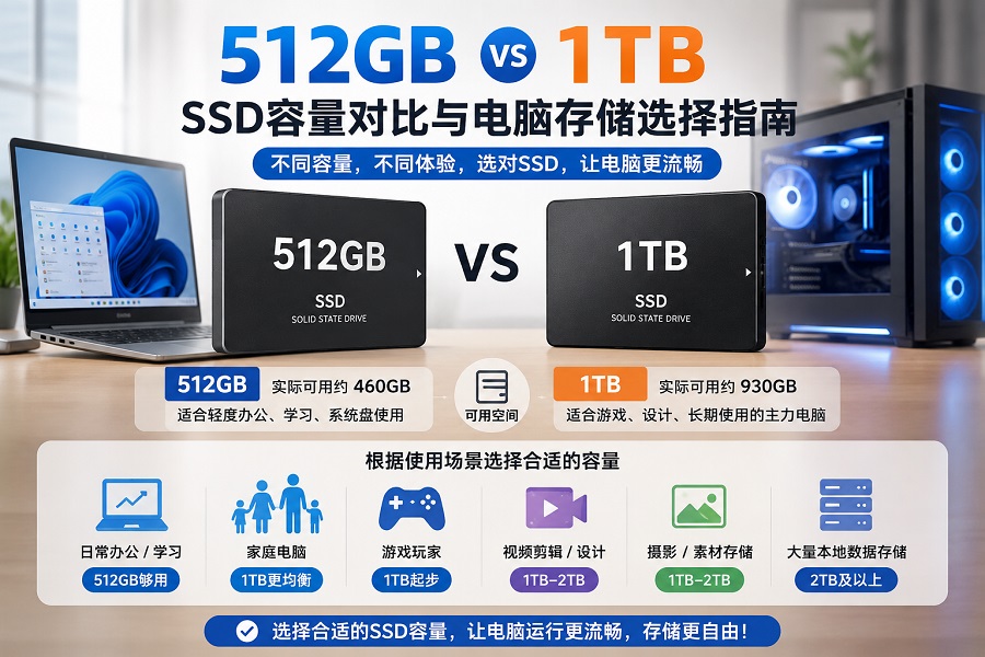 512GB和1TB SSD容量对比与电脑存储选择示意图