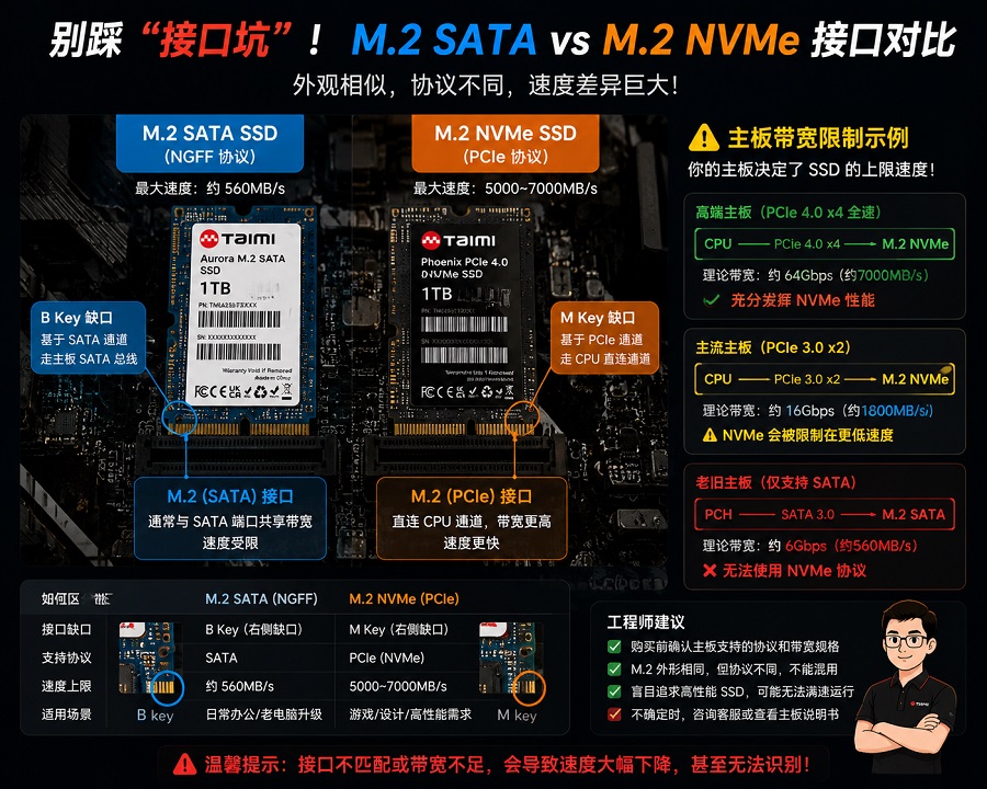 M.2 SATA 与 NVMe 接口区别示意图,注意主板带宽限制