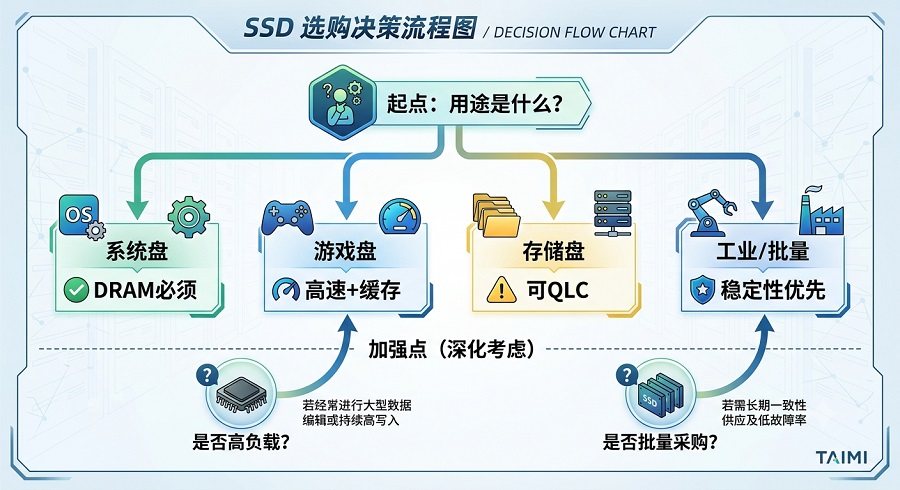 SSD固态硬盘选购决策流程图,根据系统盘、游戏盘、存储盘及批量采购场景提供配置选择建议