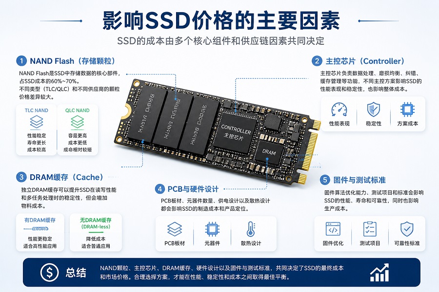 SSD价格成本分析图,展示NAND Flash颗粒、主控芯片、DRAM缓存、硬件设计和测试标准对固态硬盘价格的影响