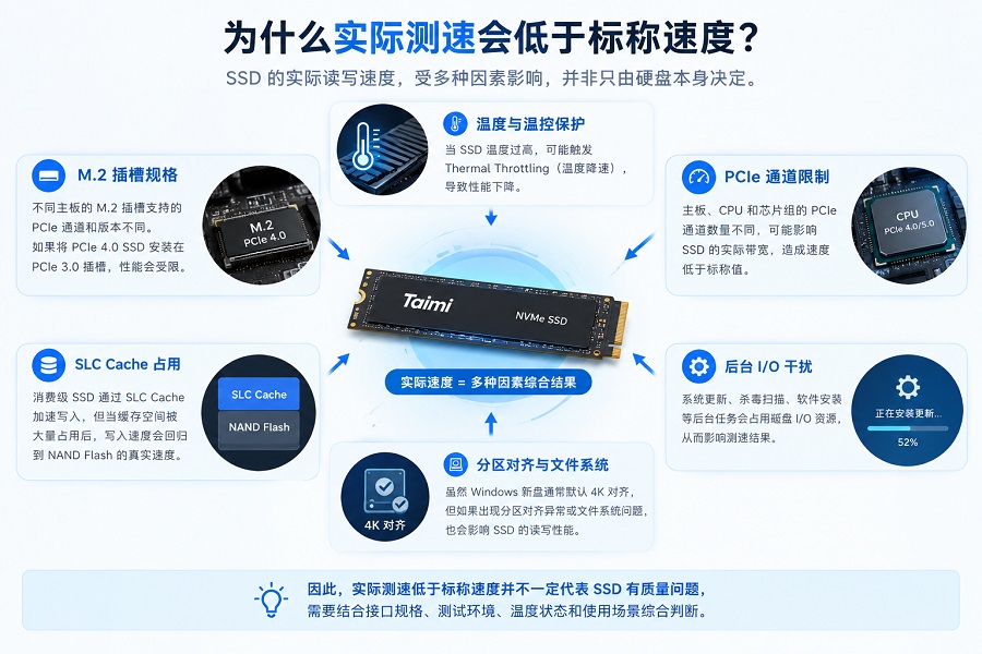 SSD实际读写速度低于标称速度的影响因素示意图