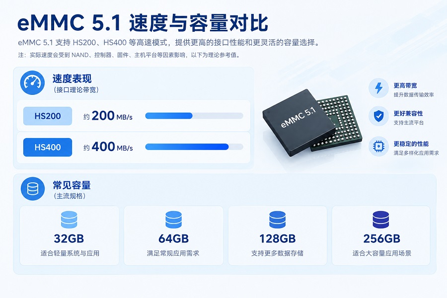eMMC 5.1速度与容量对比图,展示HS200、HS400理论接口带宽及32GB至256GB常见容量
