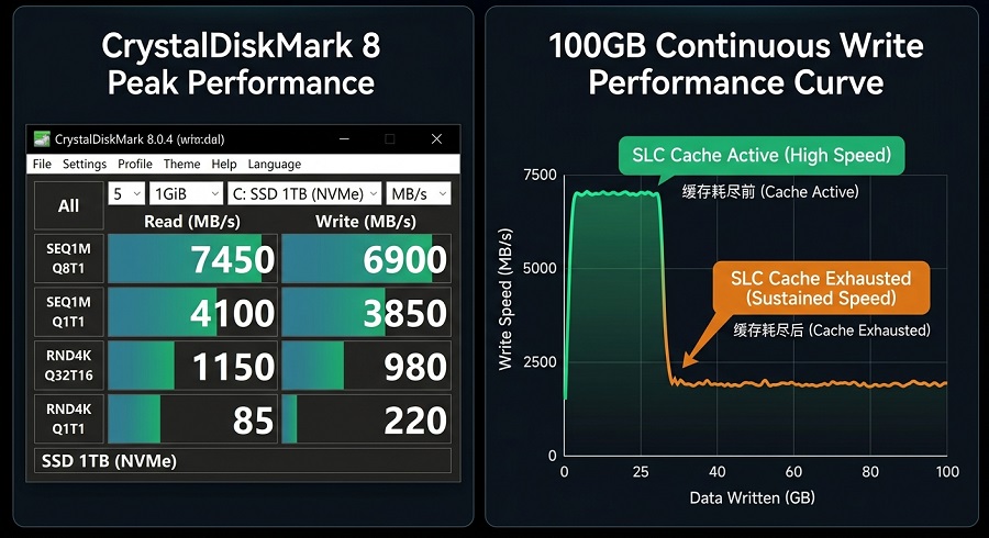 SSD持续写入SLC缓存耗尽掉速曲线与CrystalDiskMark测速对比图