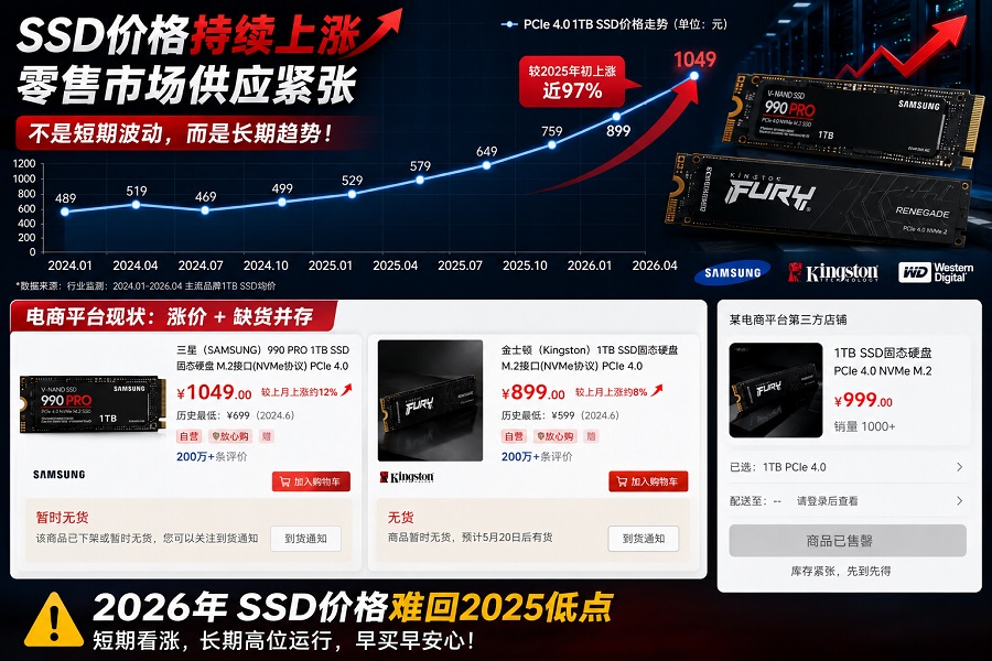 2026年SSD价格持续上涨趋势图,三星和金士顿固态硬盘出现涨价与缺货,零售市场供应紧张