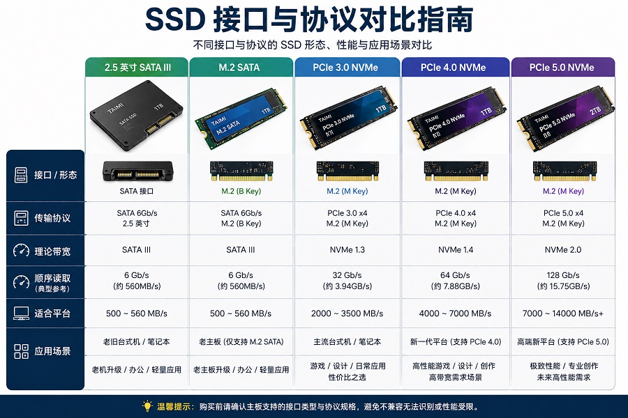 SSD接口与协议对比指南:SATA、PCIe 3.0、PCIe 4.0和PCIe 5.0 NVMe