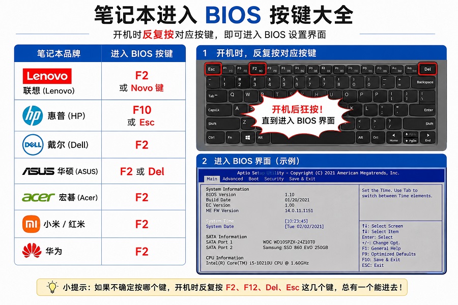 笔记本电脑进入BIOS方法图解,联想惠普戴尔华硕宏碁等品牌BIOS启动快捷键大全,教你开机按F2、F10、Del进入BIOS设置