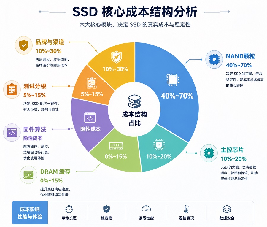SSD成本构成六大模块比例结构图,包括NAND颗粒、主控芯片、DRAM缓存、固件算法、测试分级与品牌渠道成本