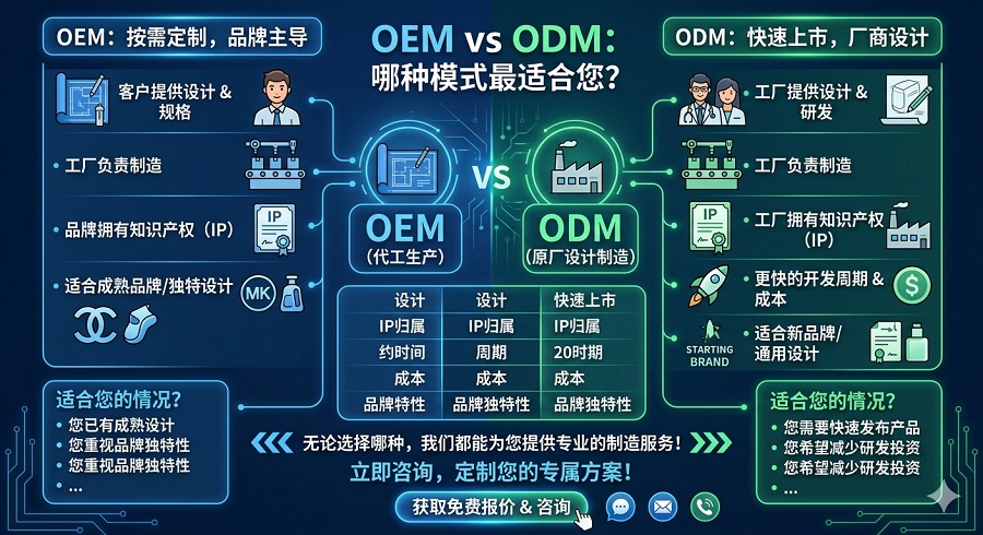 OEM vs ODM SSD定制模式对比示意图,说明OEM代工与ODM设计制造的差异及适用场景,帮助选择固态硬盘定制方案