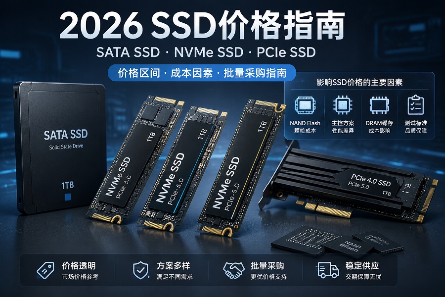 SSD价格指南2026,展示SATA SSD、NVMe SSD价格区间、成本因素和批量采购方案