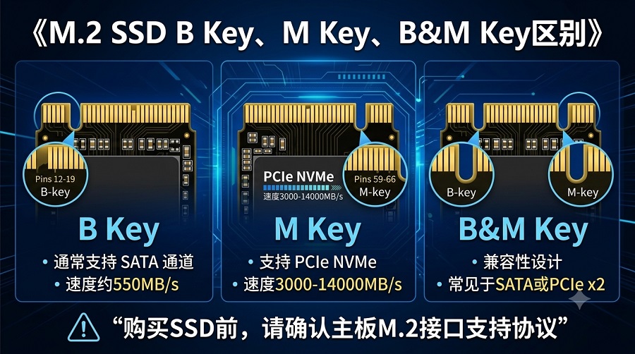 M.2 SSD B Key、M Key和B&M Key接口区别说明