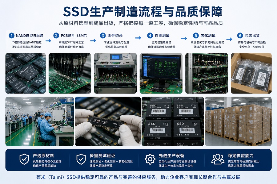 SSD厂家生产流程与质量控制展示,包括NAND Flash选型、SMT贴片、固件优化、性能测试和批量供应能力