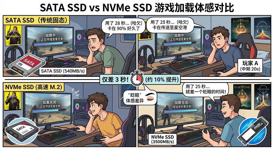 SATA与NVMe固态硬盘游戏加载时间实测对比,两者体感仅差3秒