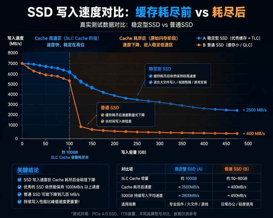 SSD SLC缓存耗尽后写入速度下降对比曲线图