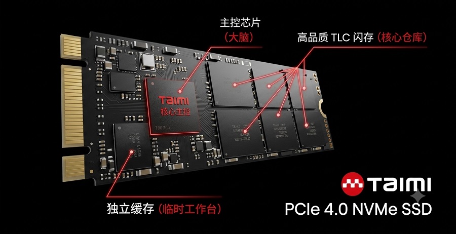 Taimi PCIe 4.0 NVMe 固态硬盘内部硬件结构拆解图,展示核心主控芯片、独立缓存与高品质 TLC 闪存颗粒