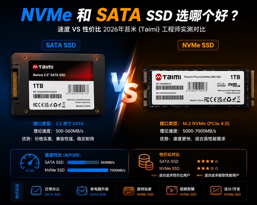 NVMe SSD 与 SATA SSD 对比,Taimi 实测指南 2026