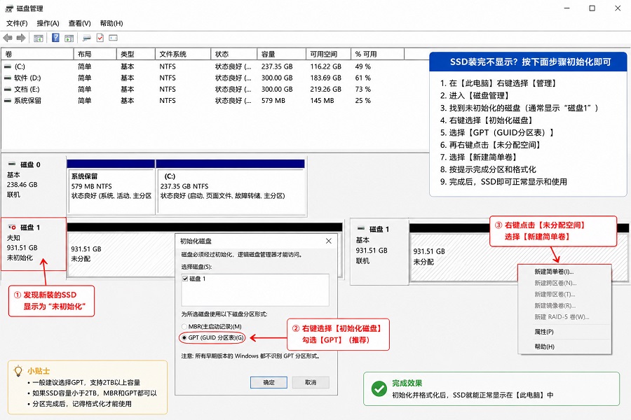 Windows磁盘管理初始化SSD教程,解决固态硬盘装完不显示的问题并选择GPT分区