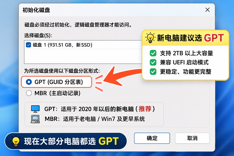 Windows初始化磁盘时选择GPT分区格式界面示意图