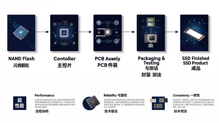 SSD固态硬盘制造流程,包括NAND闪存、主控芯片、固件、PCB组装、封装测试和成品