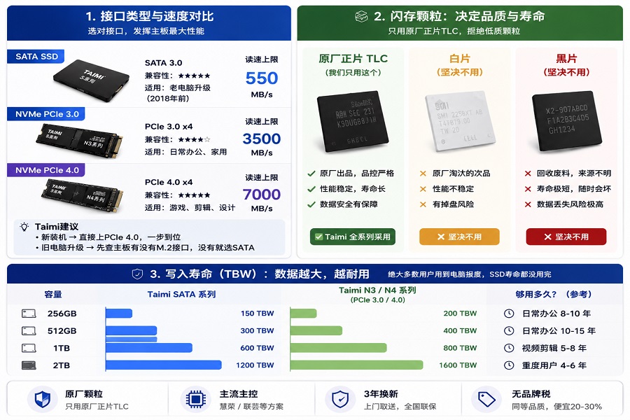 SSD对比图,展示接口类型、闪存颗粒和写入寿命,突出速度快、用料好、耐用性高