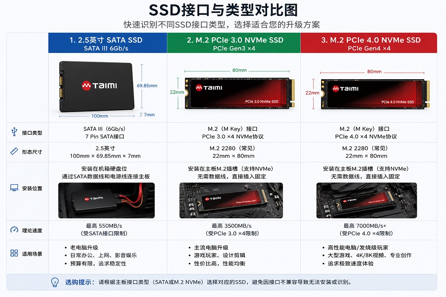 TAIMI SATA SSD、PCIe 3.0 NVMe SSD与PCIe 4.0 NVMe SSD接口类型对比图