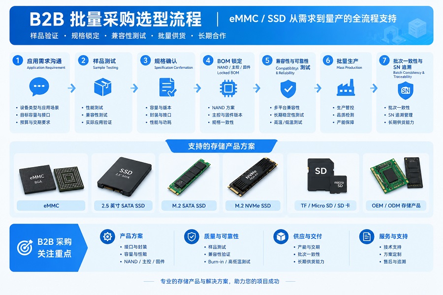 eMMC和SSD批量采购样品测试、规格锁定与批量生产流程