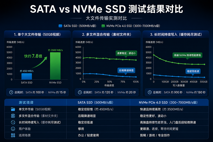 SATA和NVMe SSD大文件传输对比表，包括单文件、多文件和持续写入情况