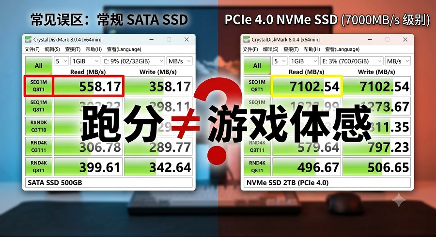 SATA 与 NVMe SSD 跑分对比图,中间印有“跑分≠游戏体感”字样。