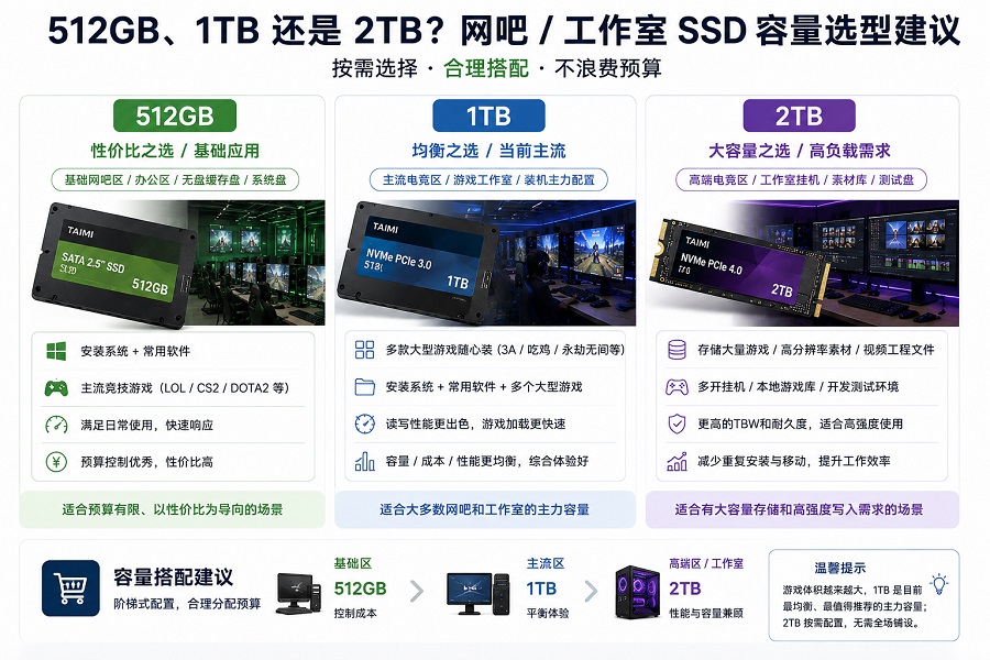 网吧和游戏工作室SSD容量选择:512GB、1TB与2TB对比