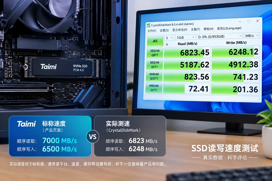 CrystalDiskMark测试SSD读写速度及实际测速结果对比图