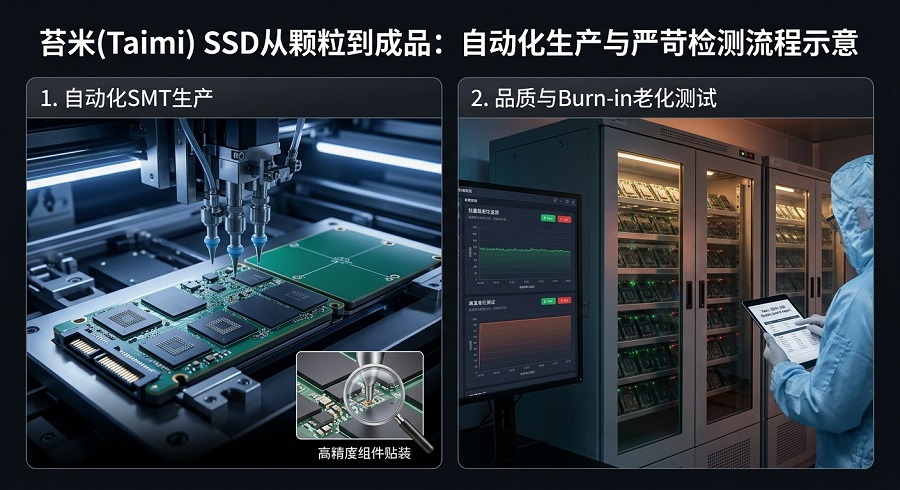 苔米Taimi固态硬盘SMT自动化贴片生产线与高温Burn-in老化测试车间实拍