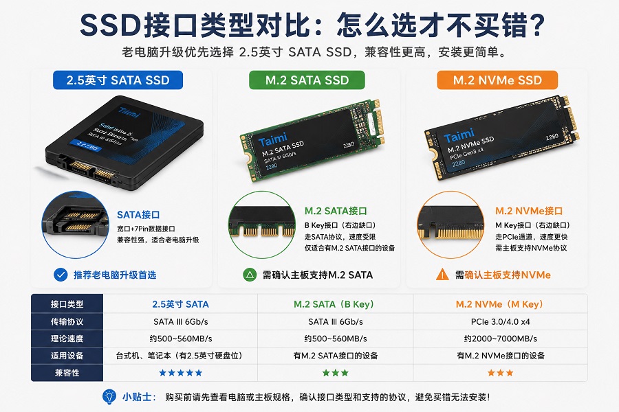 2.5英寸SATA SSD与M.2 NVMe SSD接口区别对比图