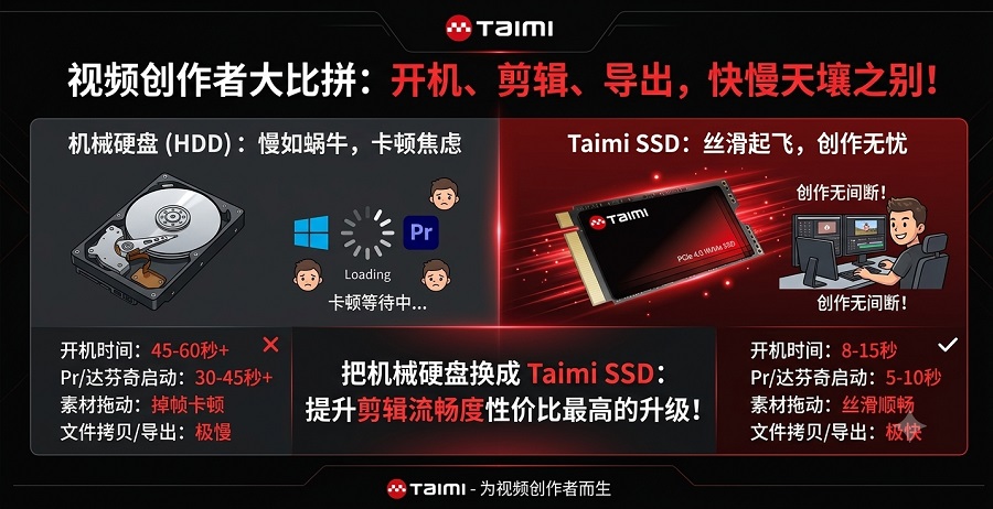 Taimi固态硬盘与传统机械硬盘在视频剪辑场景下的开机与软件启动速度对比图