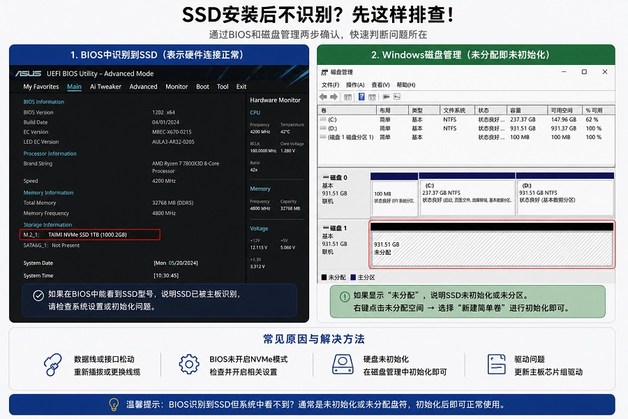 SSD安装后不识别排查图,包括BIOS识别SSD与Windows磁盘管理初始化步骤
