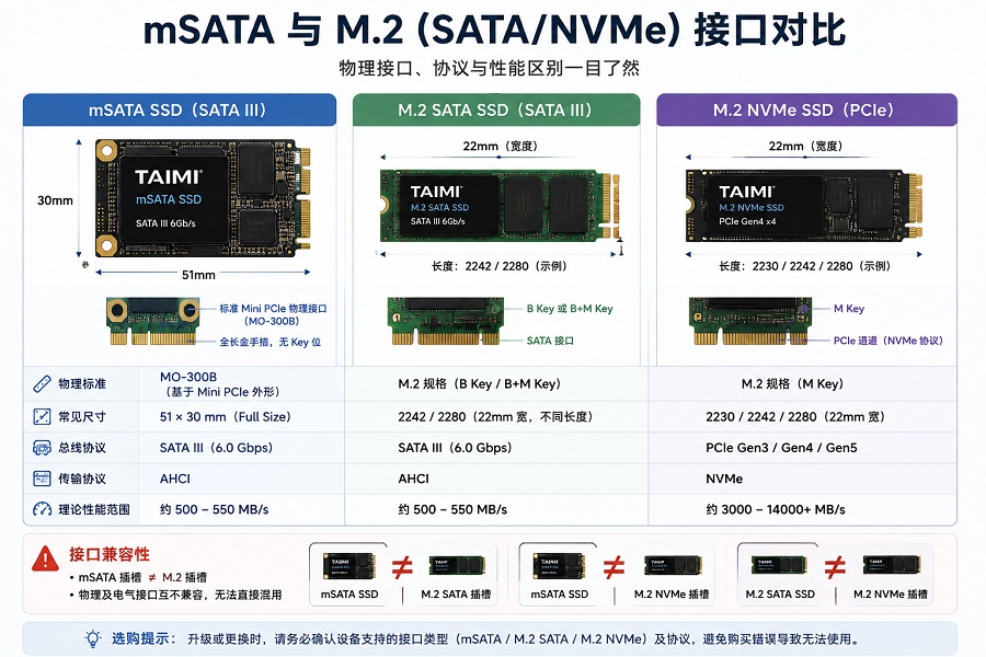 mSATA SSD和M.2 SSD区别对比,展示SATA与NVMe接口、协议及性能差异