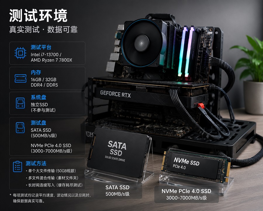 SATA SSD与NVMe SSD测试环境示意，包括主流桌面平台