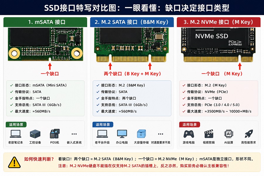 mSATA、M.2 SATA和M.2 NVMe固态硬盘接口缺口对比，一个缺口与两个缺口的区别识别图