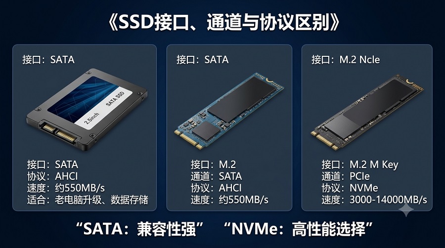 SSD接口协议区别对比图,展示SATA、M.2 SATA和M.2 NVMe固态硬盘的区别