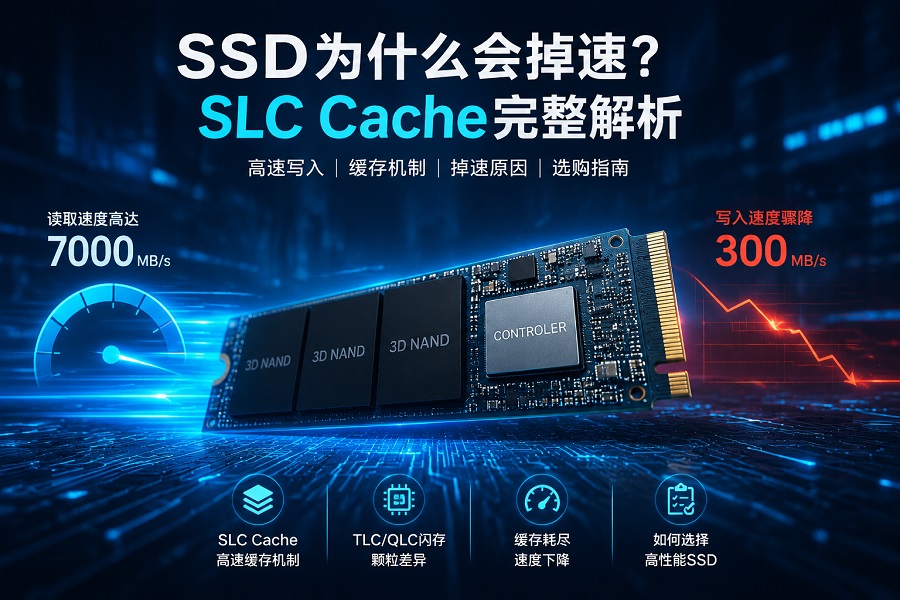 🟧 图2(核心理解图:SLC Cache工作原理图) 📍位置: 第一部分“一、SSD缓存(SLC Cache)到底是什么?”下面 📌用途:让用户“第一次真正看懂” 📷内容结构建议(非常关键): 左侧:写入数据 → 进入 SLC Cache(高速区) 中间:Cache逐渐写满 右侧:转入 TLC/QLC原始区(降速) 📌可以做成: 流程箭头图 或“高速区 vs 原始区分层图”