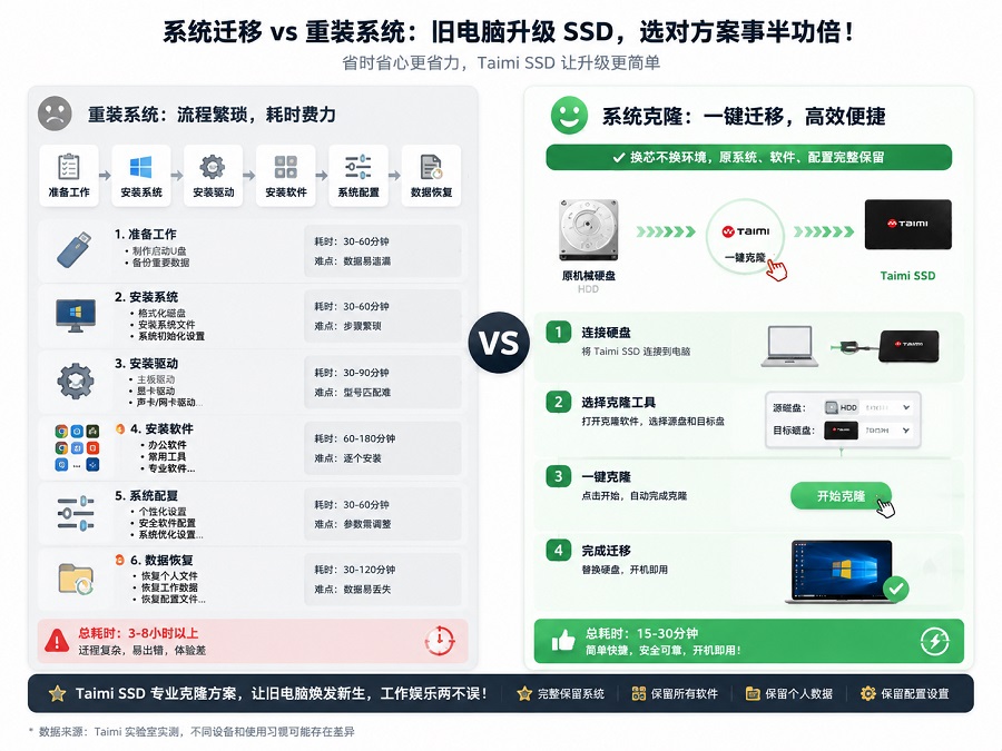 系统迁移与重装系统流程对比图,SSD升级克隆方案示意