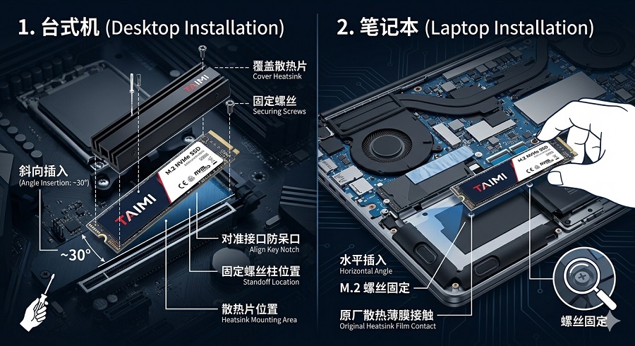 Taimi M.2 SSD安装指南:台式机与笔记本安装角度及散热片固定示意图
