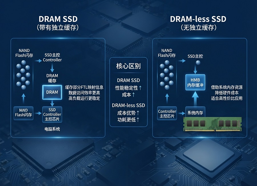 DRAM SSD与DRAM-less SSD数据管理架构对比图,展示独立DRAM缓存和HMB主机内存缓冲工作原理