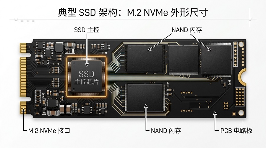 SSD主控芯片与NAND Flash闪存颗粒在M.2固态硬盘PCB上的位置示意图
