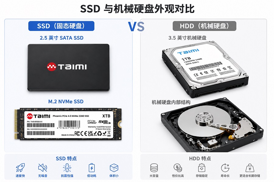 苔米SSD固态硬盘与机械硬盘HDD外观对比