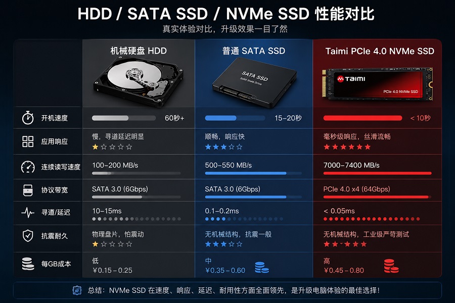 机械硬盘、普通SATA SSD与Taimi PCIe 4.0 NVMe SSD性能对比图,突出NVMe在速度、响应和耐久性上的优势