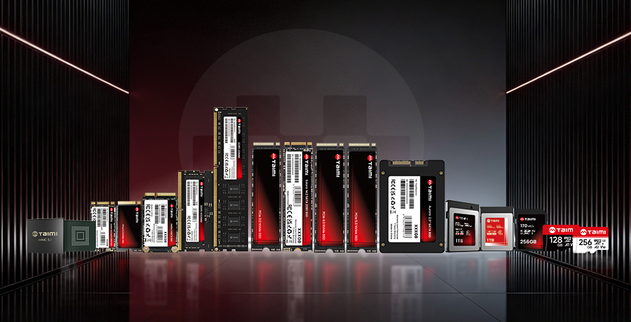 苔米(Taimi)全系列存储产品展示,包括PCIe 4.0 SSD、SATA SSD、eMMC、SD卡等产品,体现一体化存储制造与封测能力。
