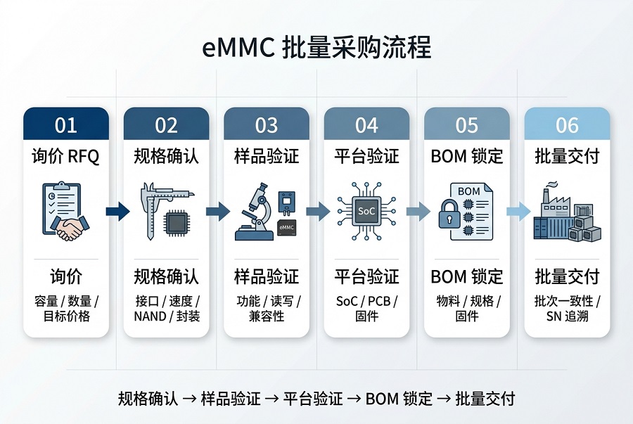 eMMC批量采购流程:询价、规格确认、样品验证、平台验证、BOM锁定与批量交付