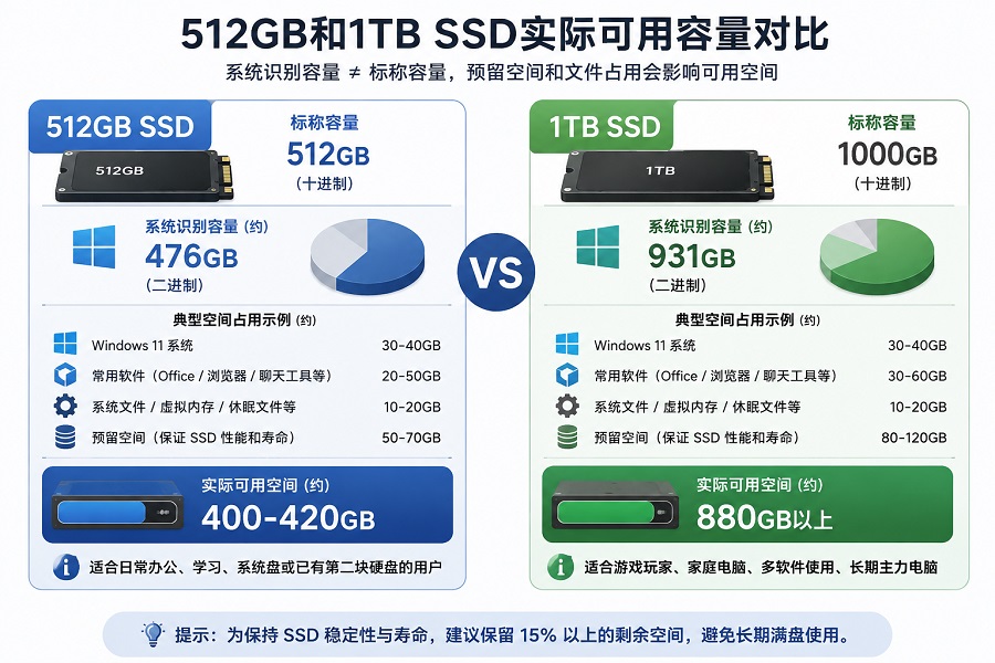 512GB和1TB SSD实际可用容量对比图