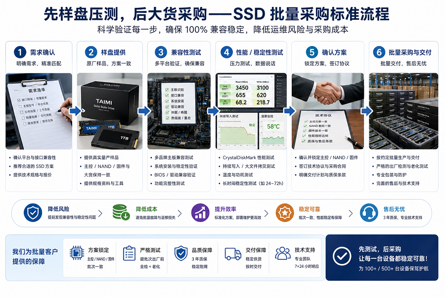 SSD批量采购流程:样盘测试、兼容性验证、性能压测与批量交付