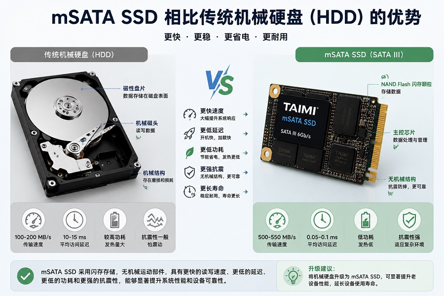 mSATA SSD相比传统HDD机械硬盘的优势对比,包括传输速度、访问延迟、功耗、抗震能力和稳定性提升